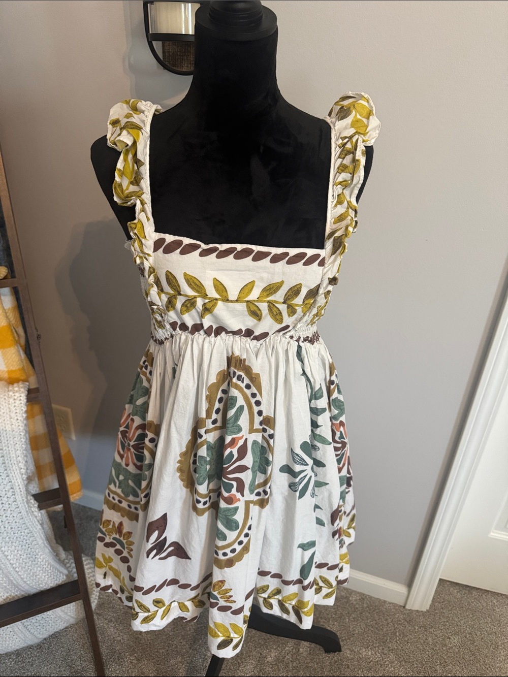 Anthropologie White Mini Dress with Green, Mustard & Brown Leaf Print